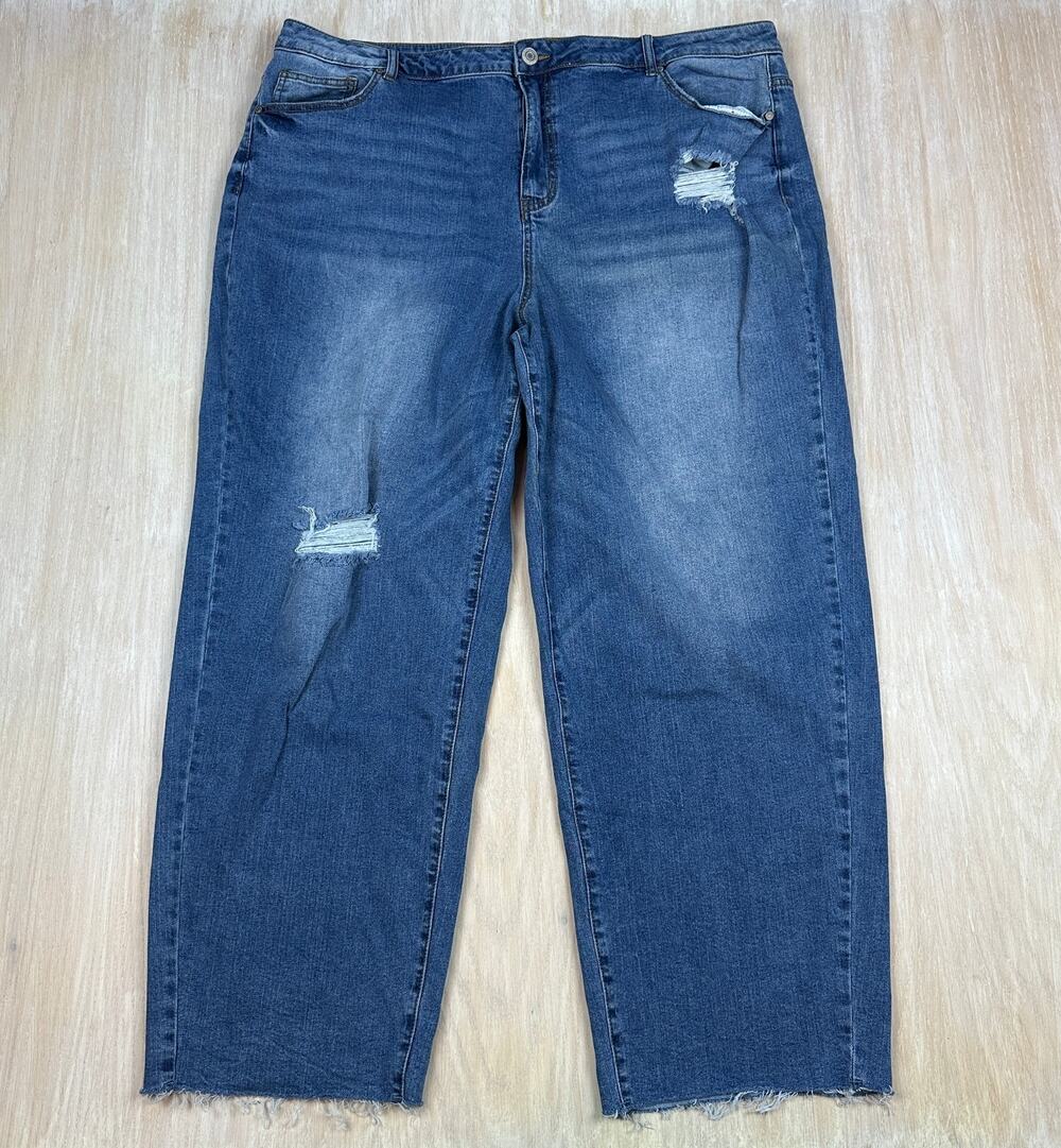 Eloquii Distressed High Rise Relaxed Straight Leg Casual Blue Denim Jeans 22